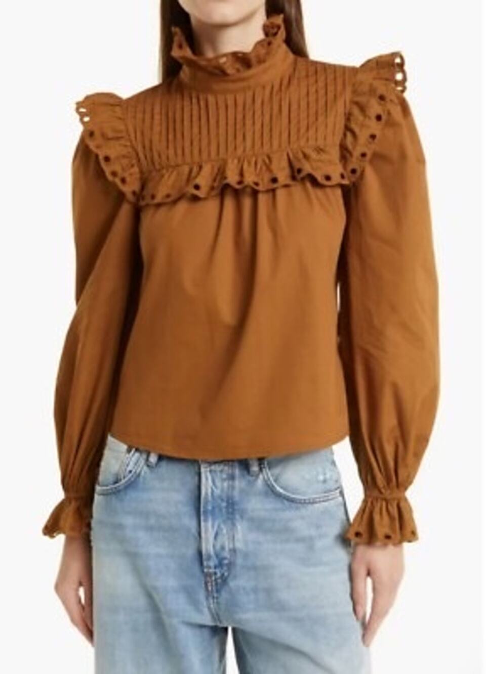 Stellah Eyelet Trim Mock Neck Cotton Blouse Caramel Sz L Peasant Prairie